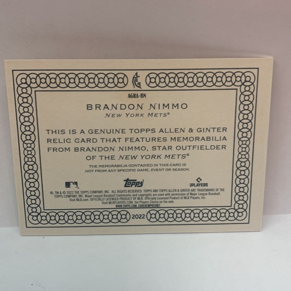 2022 Topps Allen & Ginter Brandon Nimmo Mets Jersey Trlic AGRA-BN (MISC9) - Picture 2 of 2